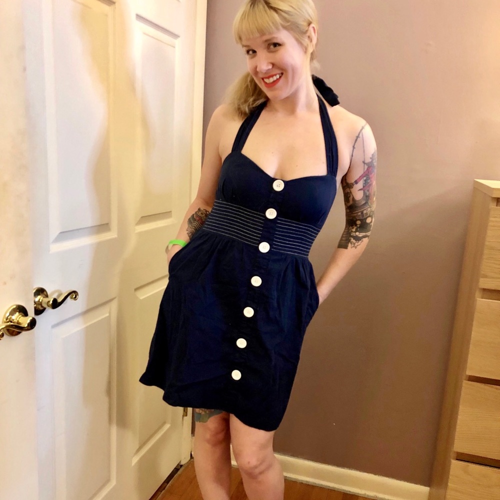 Ruby Rox Blue Halter Top Pinup Dress Sz 7 - Picture 6 of 10